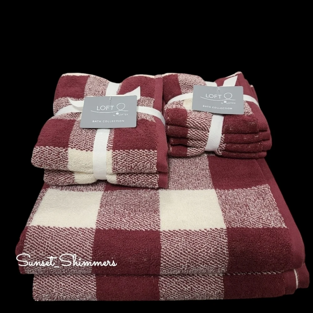 8pc Loft Christmas Farmhouse Buffalo Check Bath Hand Washcloth Towel Set NEW - Picture 7 of 7